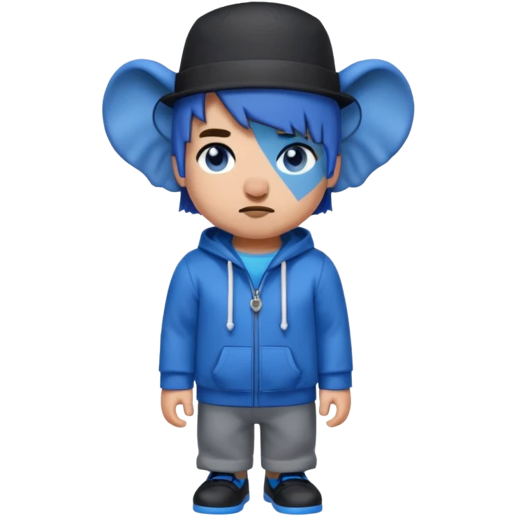 Minecraft character with a top hat And a hoodie That is blue And has a elephant And short hair And A eye patch That is white And black shoes And  Dot eyes  That are  Dark blue And a mouth Drooling And the skin mixed emoji