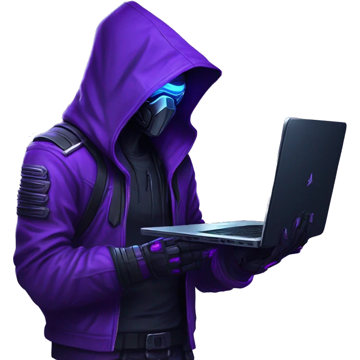 Side view developer behind his laptop with this style : crysis Cyberpunk Valorant neon glowing bright purple character purple violet black hooded assassin themed character emoji