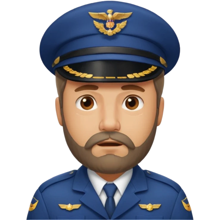 Middle-age, beard, wearing pilot uniform include hat, irritate attitude emoji