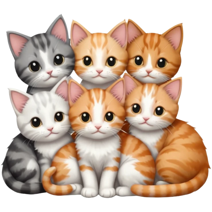 6 tiny kittens cuddling together all different colours, the first one is grey and white, the second is ginger and white and the third is brown tabby and white emoji