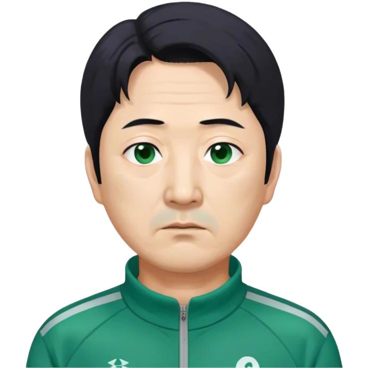 Park Ju-un is a middle-aged man, around 45 years old, green tracksuit, with tired eyes that carry the weight of a lifetime of struggles. His black hair, streaked with strands of gray, is unkempt and damp with sweat.

His face is gaunt, with deep wrinkles lining his forehead and around his mouth, evidence of years of stress and hardship. He wears the standard green Squid Game tracksuit (#369), but his jacket is slightly loose on his thin frame, and the collar is stained with sweat. His hands, slightly calloused from years of office work, tremble as he grips the small needle. emoji