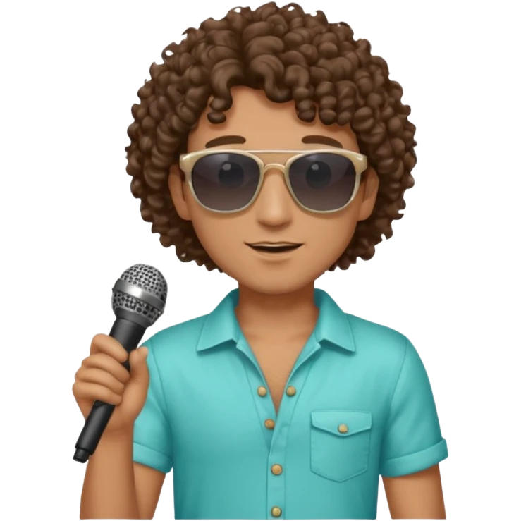 curly haired man with summer clothes and sun glasses holding microphone emoji