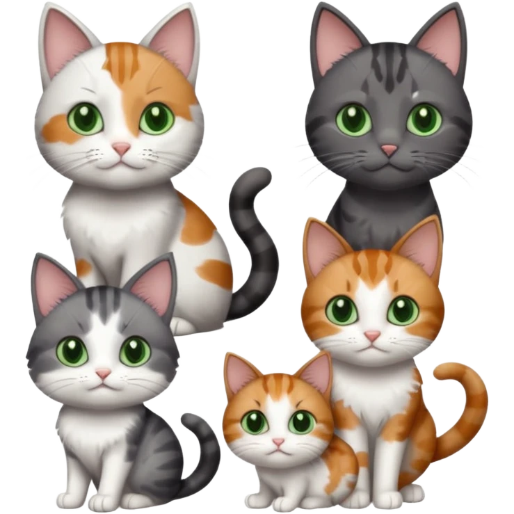 6 different coloured small cats including a dark grey and white, and a patchy calico, and a brown tabby and white,  and a completely solid dark grey with green eyes and only white paws emoji