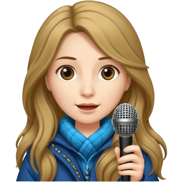 long haired woman with winter clothes holding microphone emoji