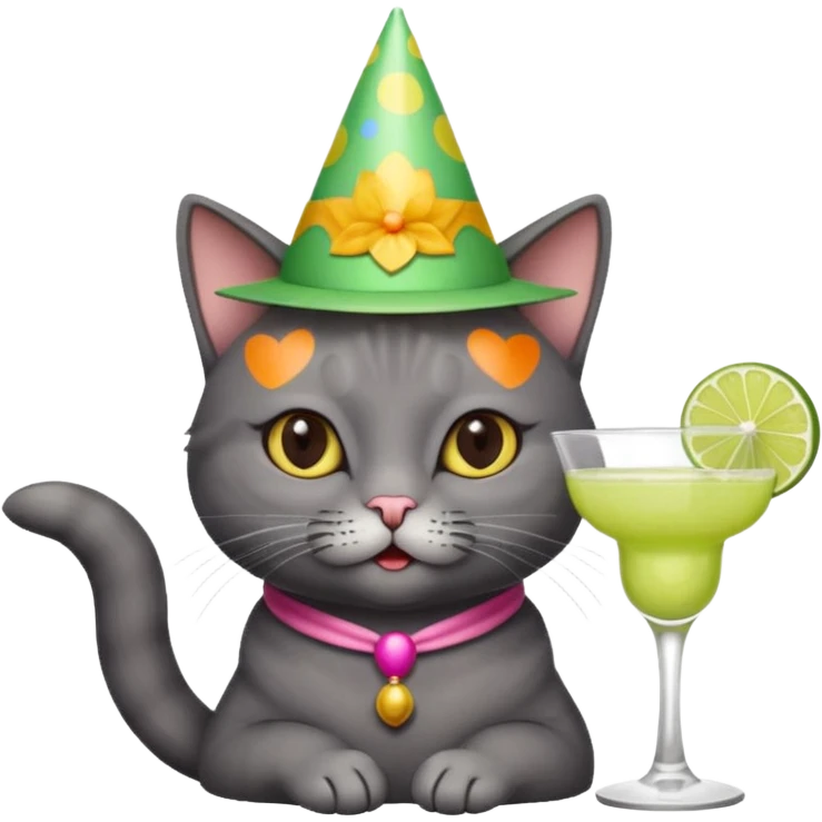 A dark grey cat is wearing a party hat, and drinking a margarita. emoji