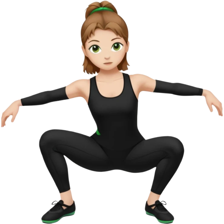 Beautiful woman with light brown shoulder length hair popping a squat without any weights. Make her with a little lighter, brown hair and green eyes. Make her fair skinned and wearing a black workout suit. make her wearing black ballet flats. emoji
