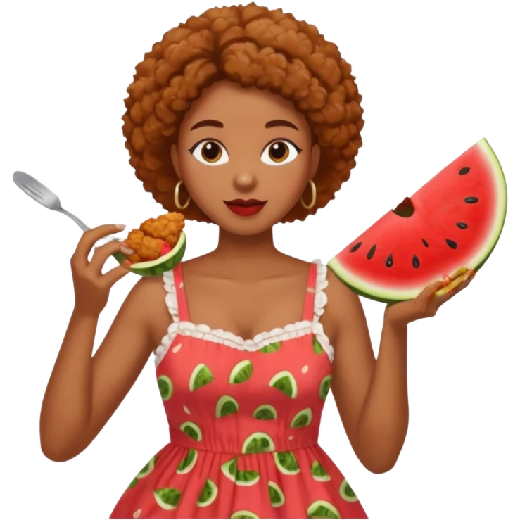A black woman eating fried chicken and watermelon emoji