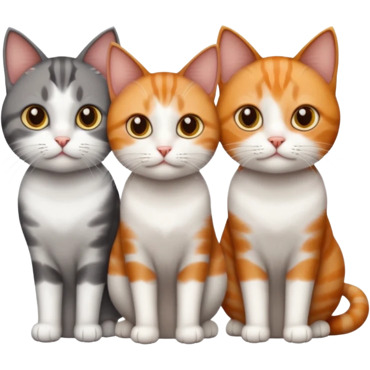 3 different coloured short haired cats including; a dark brown tabby and white cat, and a dark grey and white and a ginger and white emoji