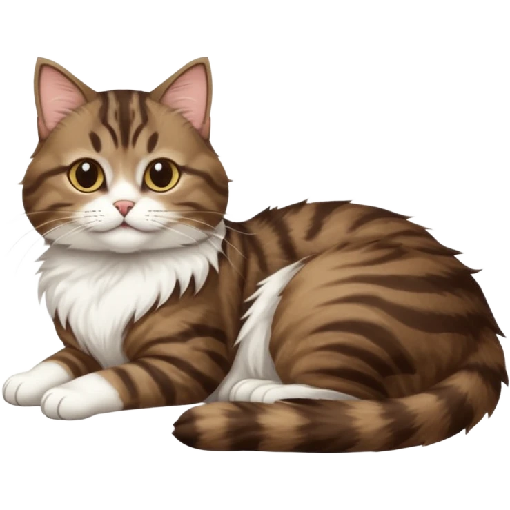 dark brown tabby and white cat with doing a big extremely long stretch reaching up into the air with arms and legs side by side together straight and overextended whilst lying on its side emoji