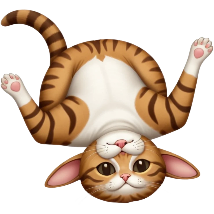 dark brown tabby and white small cat in funny positions upside down with eyes closed emoji