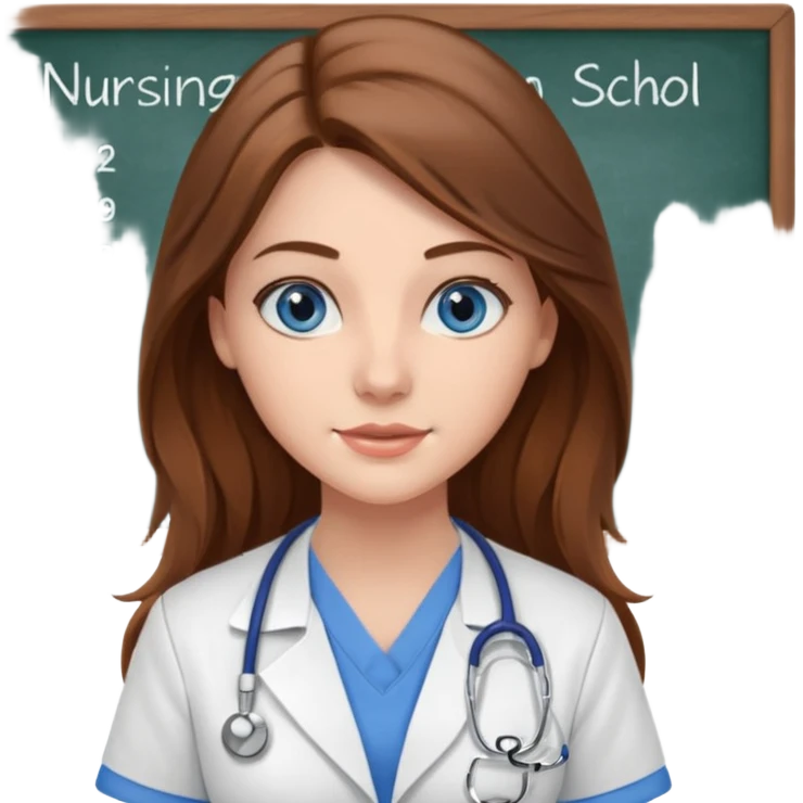 inside a classroom at university that says nursing school on the board with a pretty female nursing student with long brown hair, blue eyes emoji