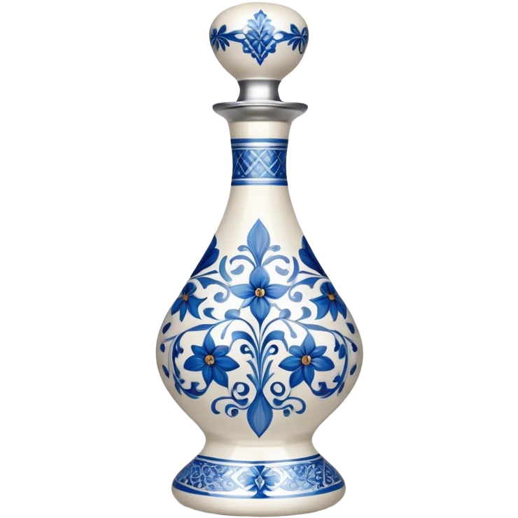 A sleek, tall, and elegant white bottle with intricate blue floral patterns, a curvy hourglass shape, and a reflective silver cap, reminiscent of fine ceramic craftsmanship and luxury tequila emoji