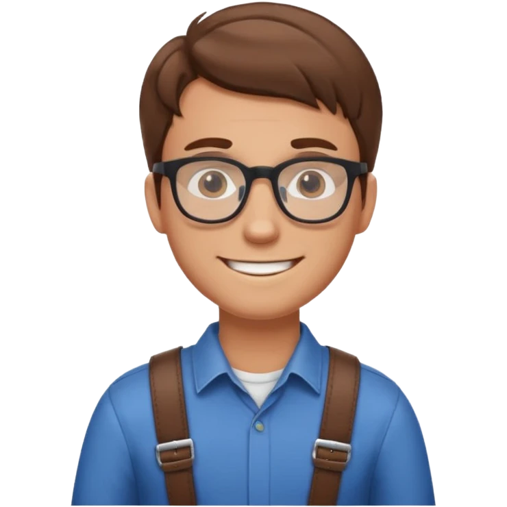 Brown haired guy with glasses with a belt over his shoulder while smiling emoji