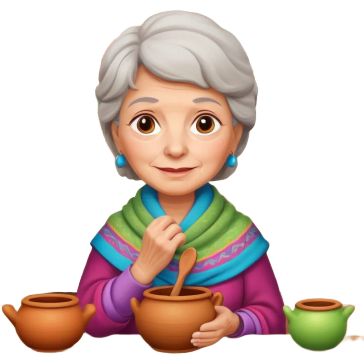 cartoon Apple iOS emoji style rural elderly woman, pastel colors, Chilean wooden kitchen background, clay pots, warm light, detailed and clean vector art emoji
