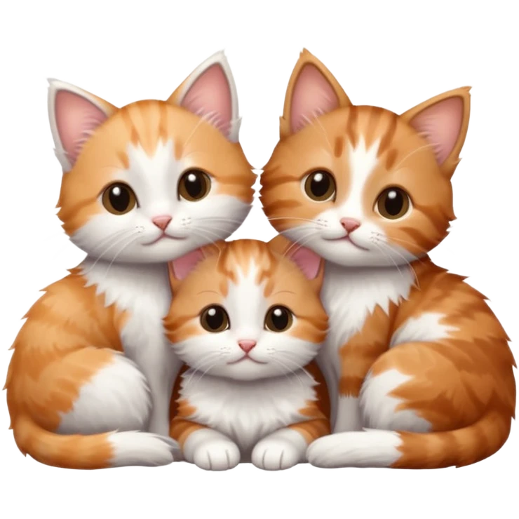 3 tiny kittens cuddling together all different colours, the first one is grey and white, the second is ginger and white and the third is brown tabby and white emoji