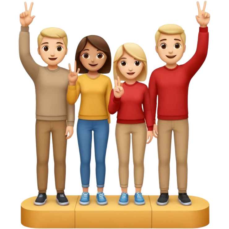 winners’ podium with three people no numbers, all in relaxed casual clothes, center person raises one finger on each hand, cheerful expressive friendly emoji style emoji