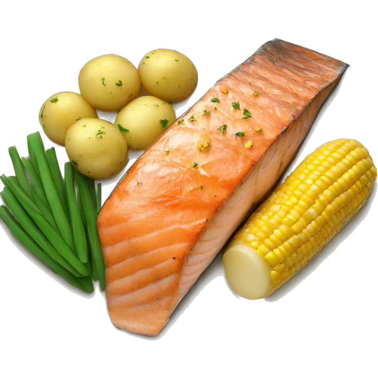 baked Salmon with little potatoes and corn on the cob emoji | AI Emoji ...
