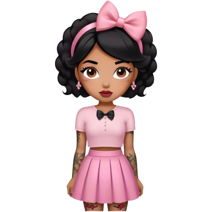 coquette, tattoos, brown sunkissed skin with black hair, lipgloss, blush, pink skirt, bow in hair emoji