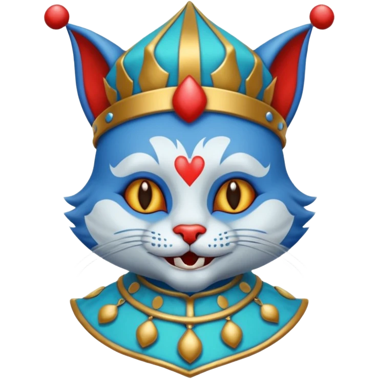 crazy colorful cute little cat jolly joker from poker, medieval, vintage, court jester, mac os icon, blue color emoji