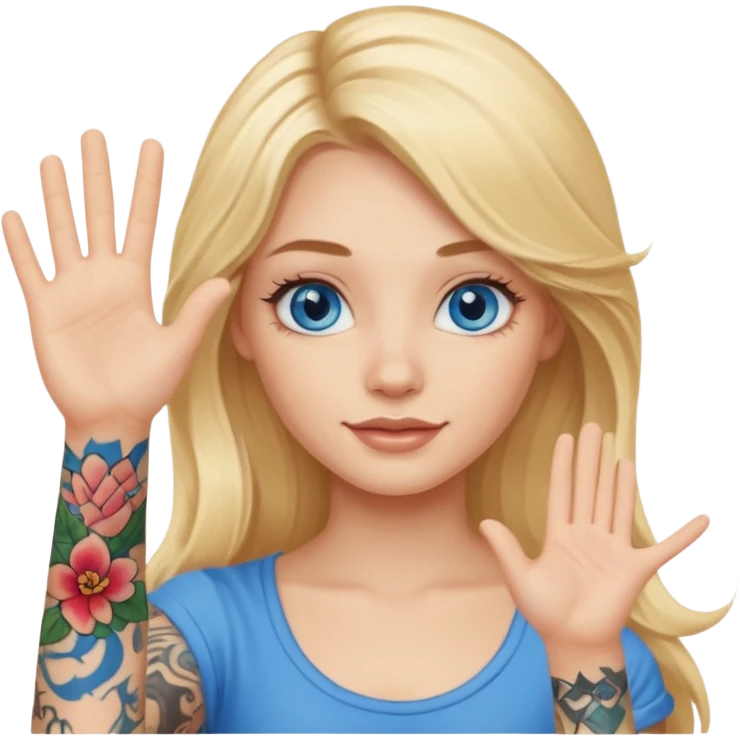 blonde girl with long hair blue eyes waving hello with tattoos emoji