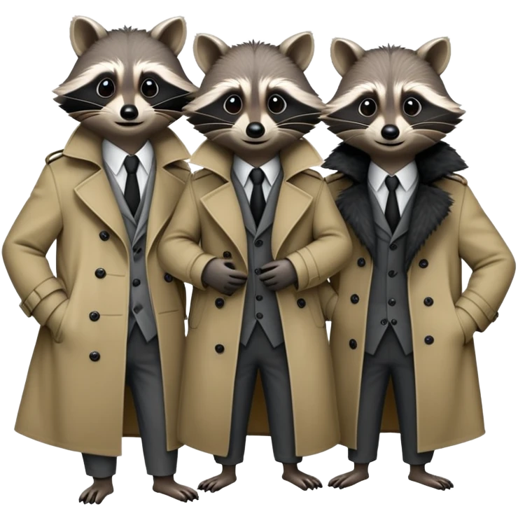 Three mischievious raccoons standing on top of each other pretending to be one person in a  single trench coat emoji