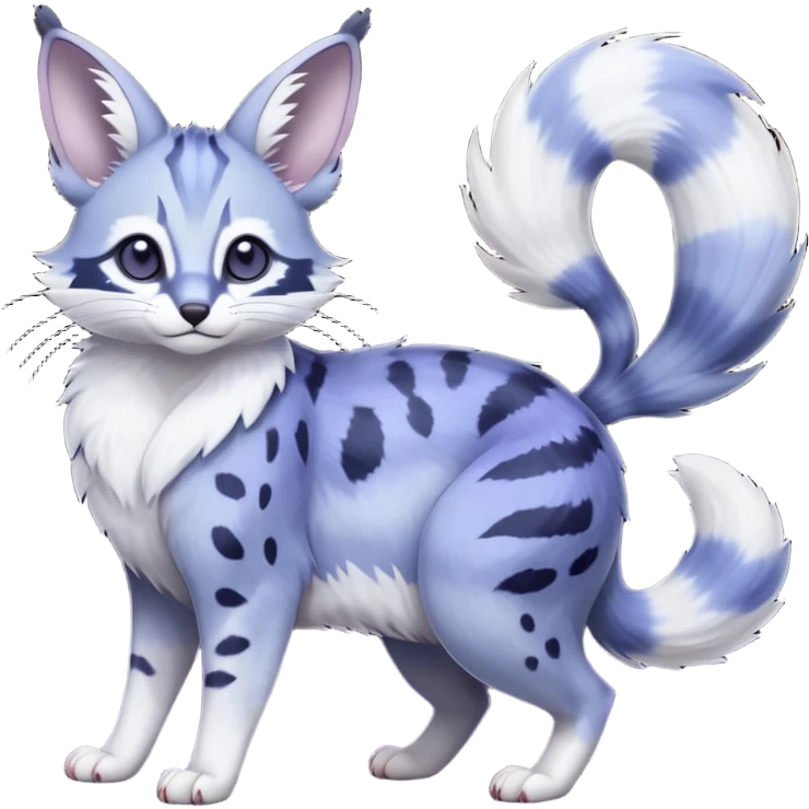  dull-colored gloomy-dark-deep-grayish-indigo-violet-gradients ghostly spectral spooky fur with random dark markings beautiful elegant pretty precious cute  Fakémon-Pokémon-opossum-feline-serval-caracal-chinchilla-Minccino-hybrid-creature with a big fluffy bushy striped tail (full body) emoji
