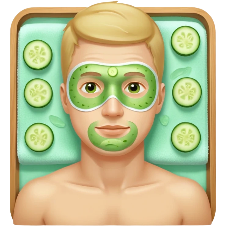 white man with green facial mask and cucumber slices on eyes, relaxing at a spa emoji