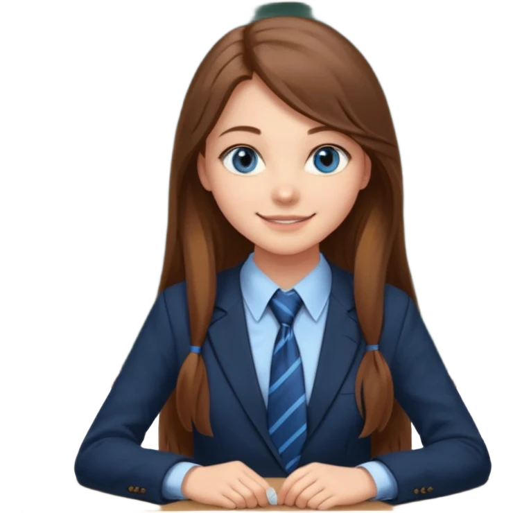 high school class room with a pretty female high school student with long brown hair, blue eyes, wearing a tie, sitting in front of the blackboard emoji