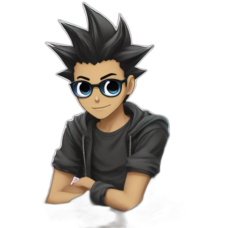 developer behind his laptop with this style :  yu-gi-oh manga anime with hacker themed character emoji