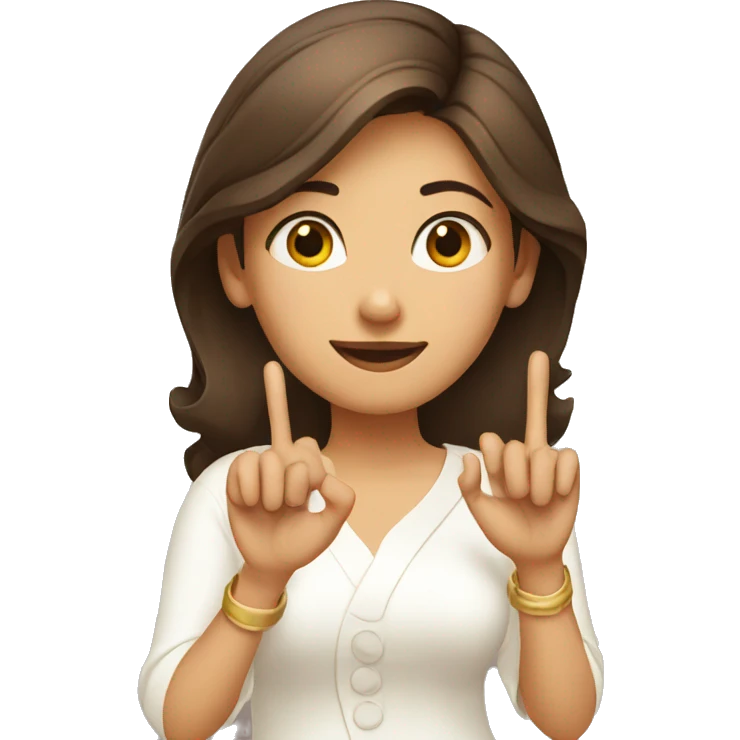 A lady with white kurti showing three fingers in one hand emoji