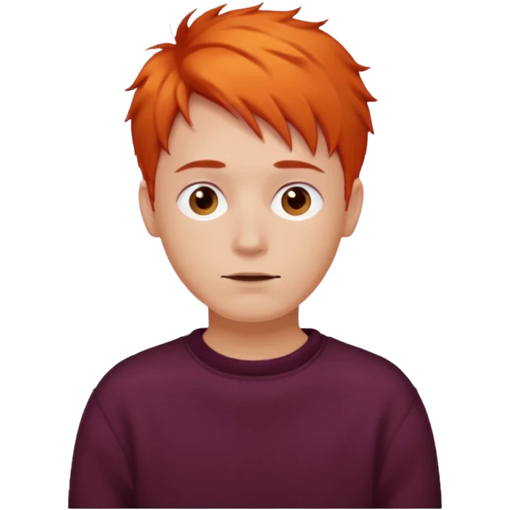 A guy with orange hair, short and messy, dark brown eyes, with a burgundy sweater emoji
