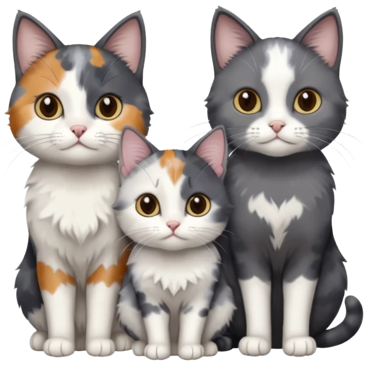 3 different coloured small cats including a dark grey and white, and a patchy calico and a completely solid dark grey with only white paws emoji