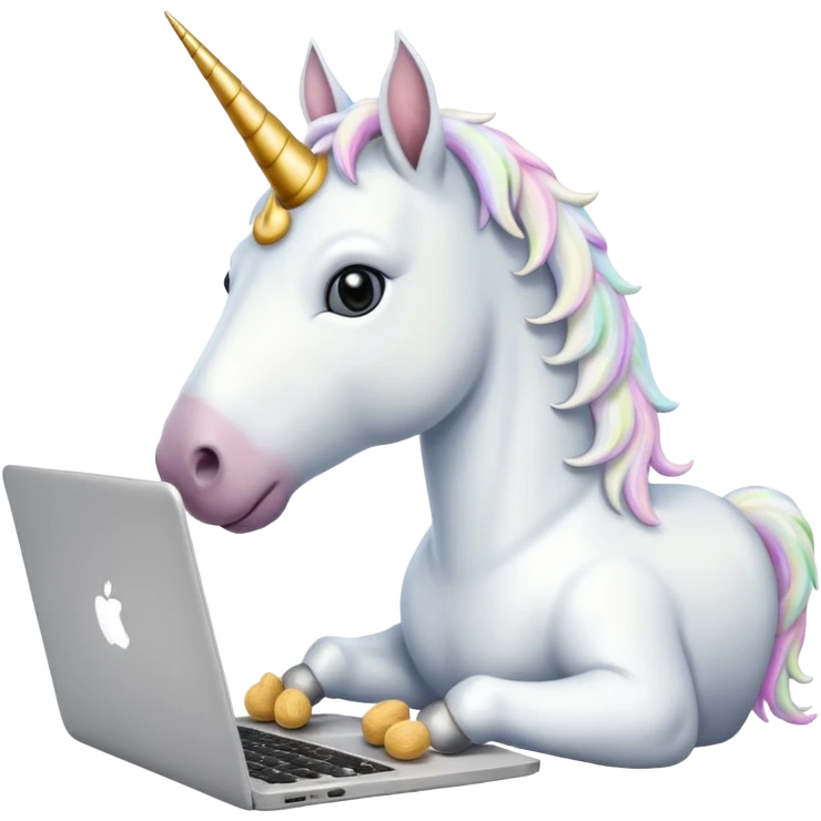 Unicorn coding on a laptop, with peanuts all over the computer emoji