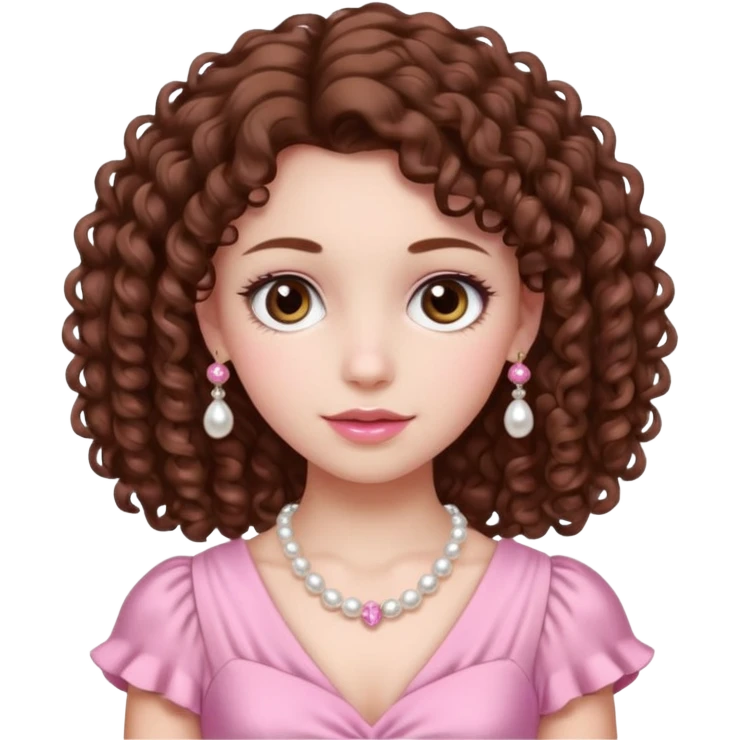 A girl with a brown curly hair and beautiful brown eyes and white skin and pink dress with pearl jewelry emoji