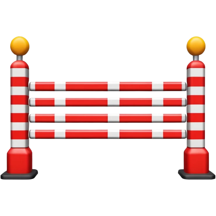 Flat emoji-style icon of a parking barrier gate (boom barrier).
Red and white striped horizontal arm, raised at a slight angle.
Simple geometric shapes, clean vector design.
No text, no background, transparent or plain background.
Bright colors, high contrast.
Centered object, minimal details. emoji