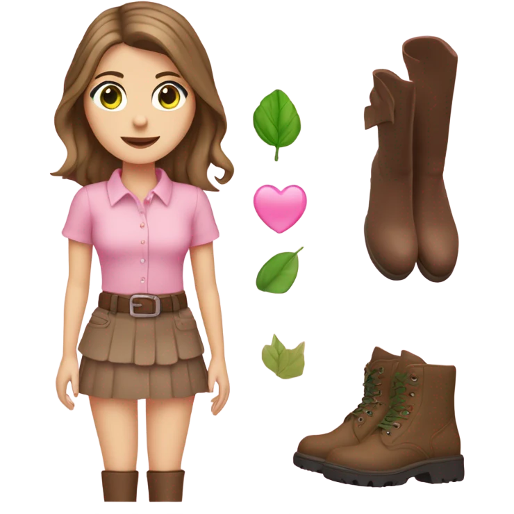 White girl with brown hair and green eyes, wearing a pink shirt and pink skirt and boots ￼ emoji