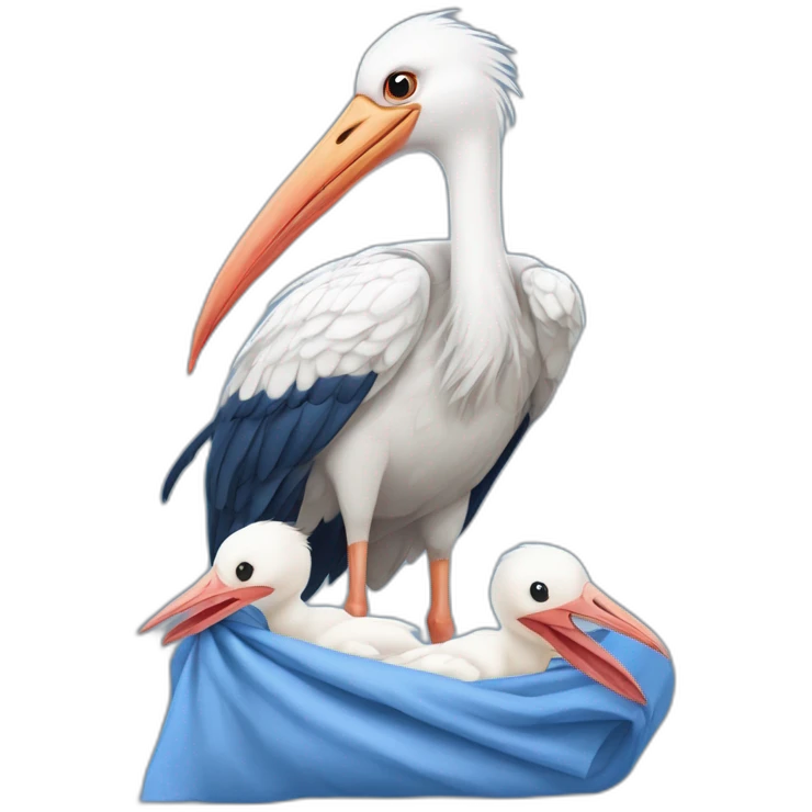 White stork carrying a blue bundle of cloth in its beak that has a human baby with and the human baby head is peeking from the fabric bundle the strok is carrying with its beak emoji