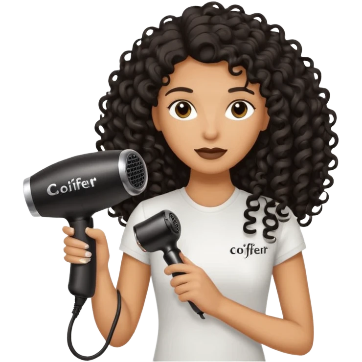 Parrucchiera con il phon in mano e la scritta coiffeur assunta capelli neri e ricci lunghi emoji