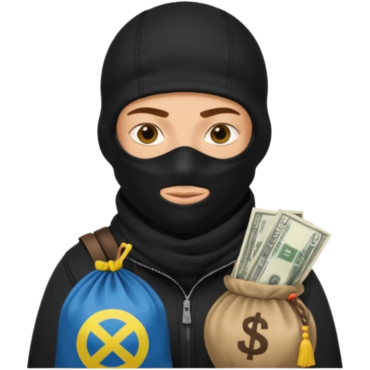 создай украинца в черное одежде с эмблемой страны и черной балаклаве с большим мешком денег в руках emoji