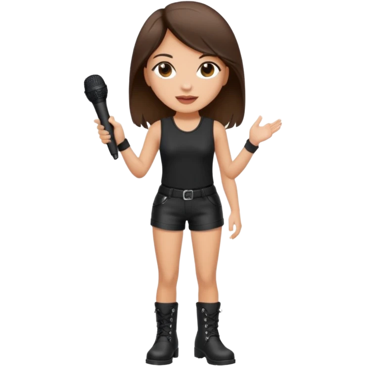 Crie uma cantora morena charmosa de shortes top e bota com microfone branca e cabelo preto Bota preta roupa preta emoji
