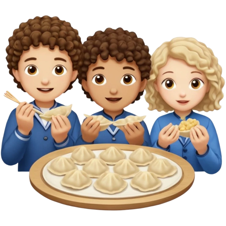 Can you create an emoji of three 23 year olds eating dumplings. One boy with brown curly hair one Jewish girl and one half Indian / half white girl.  emoji