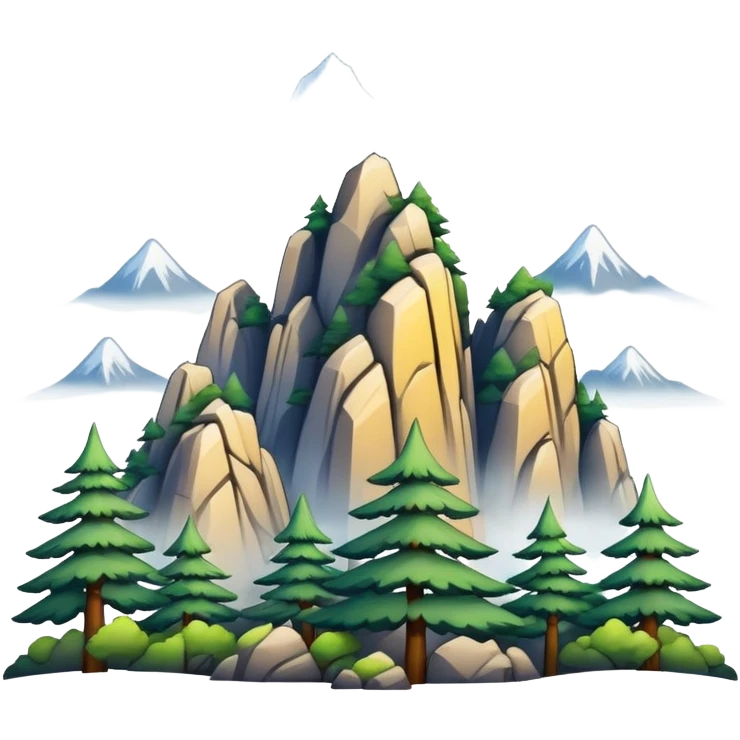 Yellow Mountain Huangshan misty peaks, simplified emoji style with bold outlines and bright colors, cartoon style mountain peaks with pine trees emoji