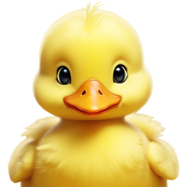 Cinematic Cute Yellow Baby Duck Portrait Emoji, Head tilted playfully and inquisitively, featuring a fluffy, vibrant yellow downy coat with a tiny delicate beak, round, sparkling eyes filled with curiosity, Simplified yet irresistibly adorable features, highly detailed, glowing with a warm, friendly glow, high shine, affectionate and spirited, stylized with a touch of playful whimsy, bright and endearing, soft glowing outline, capturing the essence of a mischievous yet loving duckling, so playful it feels like it could peep out of the screen and into your arms! emoji