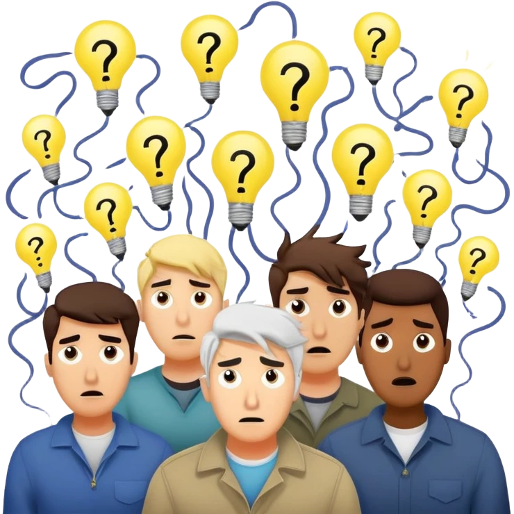 Group of men with chaotic minds, swirling tornadoes of tangled thoughts around their heads, containing question marks, light bulbs, and scribbles. The men have bewildered, overwhelmed expressions. emoji