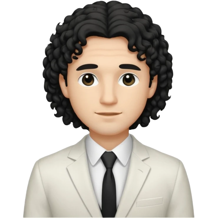 Cockasian guy with black long curly hair thats on his face and black eyes wearing a White simple suit guy  emoji