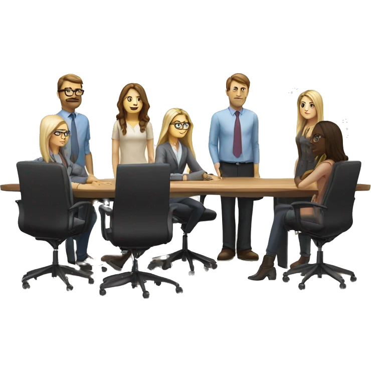 meeting table with 6 people seated two men, both width buzcuts and glases, two blonwimen with long hair, two brownhaired women with long hair and one brown haired woman with short hair emoji