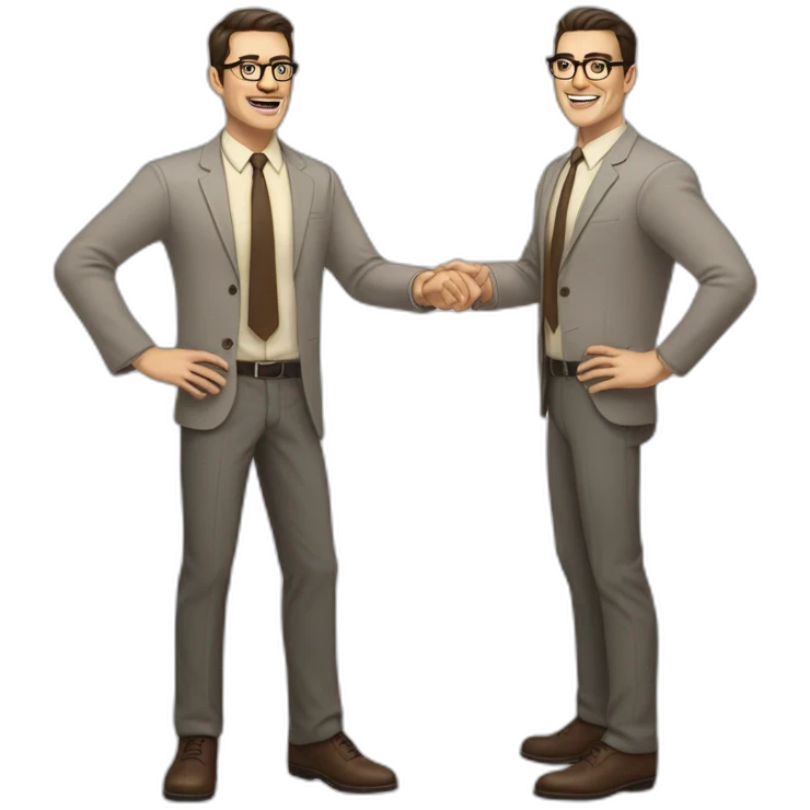 Full height Actively gesturing with hands Pale skinned fit man with dark brown hair in gray jacket, beige office shirt, brown tie, brown pants and vintage glasses. emoji