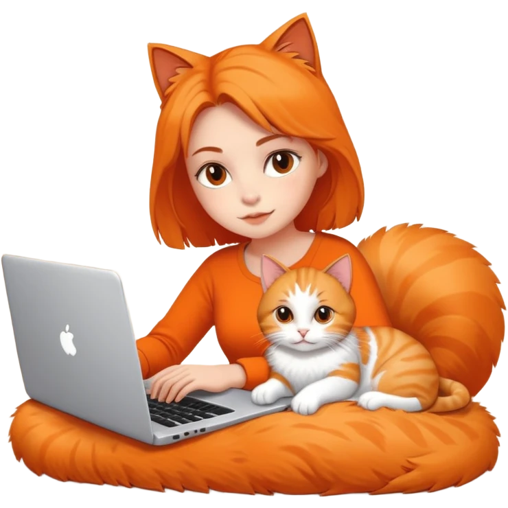 A girl is working on a laptop with a cat lying next to it emoji