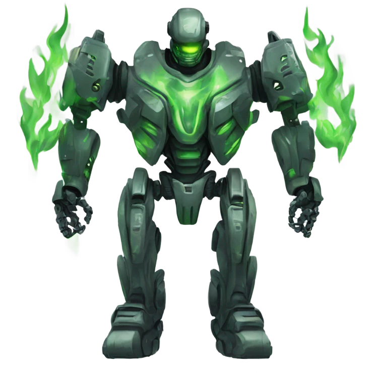 Evil robot mech suit robot with large weapons and green flames  emoji