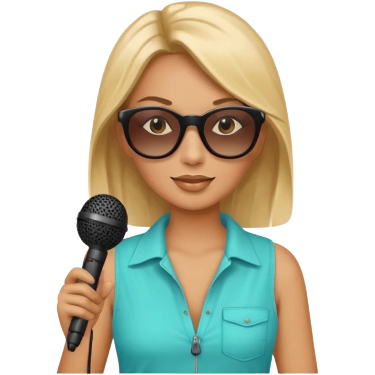 woman with summer clothes and sun glasses holding microphone emoji